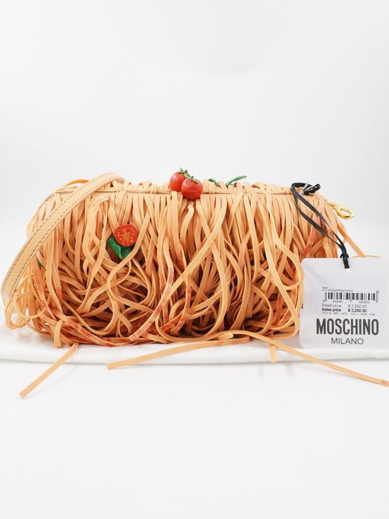 Moschino Handbags - Moschino Spaghetti Clutch Shoulder Bag In Beige With Tomato And Basil Details